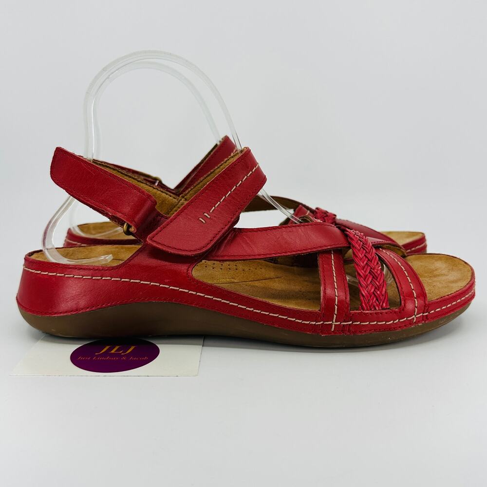 Clarks Women's Cecily Strap Sandals Red Leather Braided Sandals Size 9.5 N